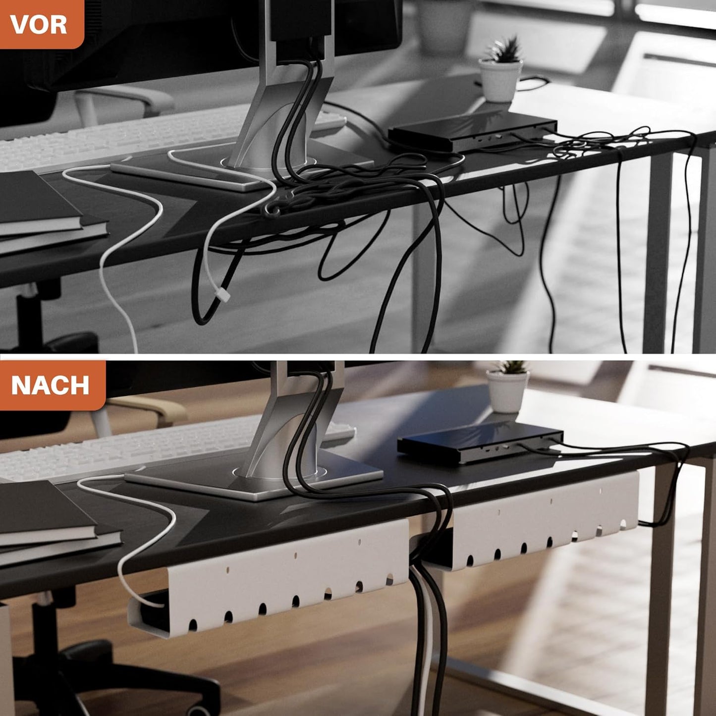 2er Set Kabelmanagement Schreibtisch Weiß – Kabelkanal ohne Bohren zum Kabel verstecken