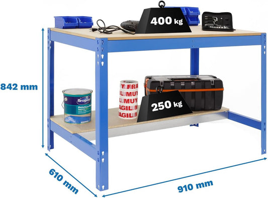 Banco da lavoro per officina, capacità di carico 400 kg, 842x910x610 mm, tavolo da lavoro fai da te, Blu/Legno - BT0