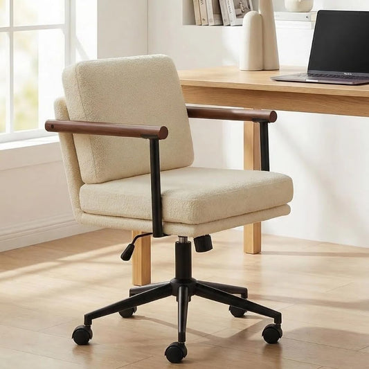 Homeoffice Stuhl, Gepolsterter Schreibtischstuhl Höhenverstellbar, Schminkstuhl mit Holz Armlehnen und Rollen