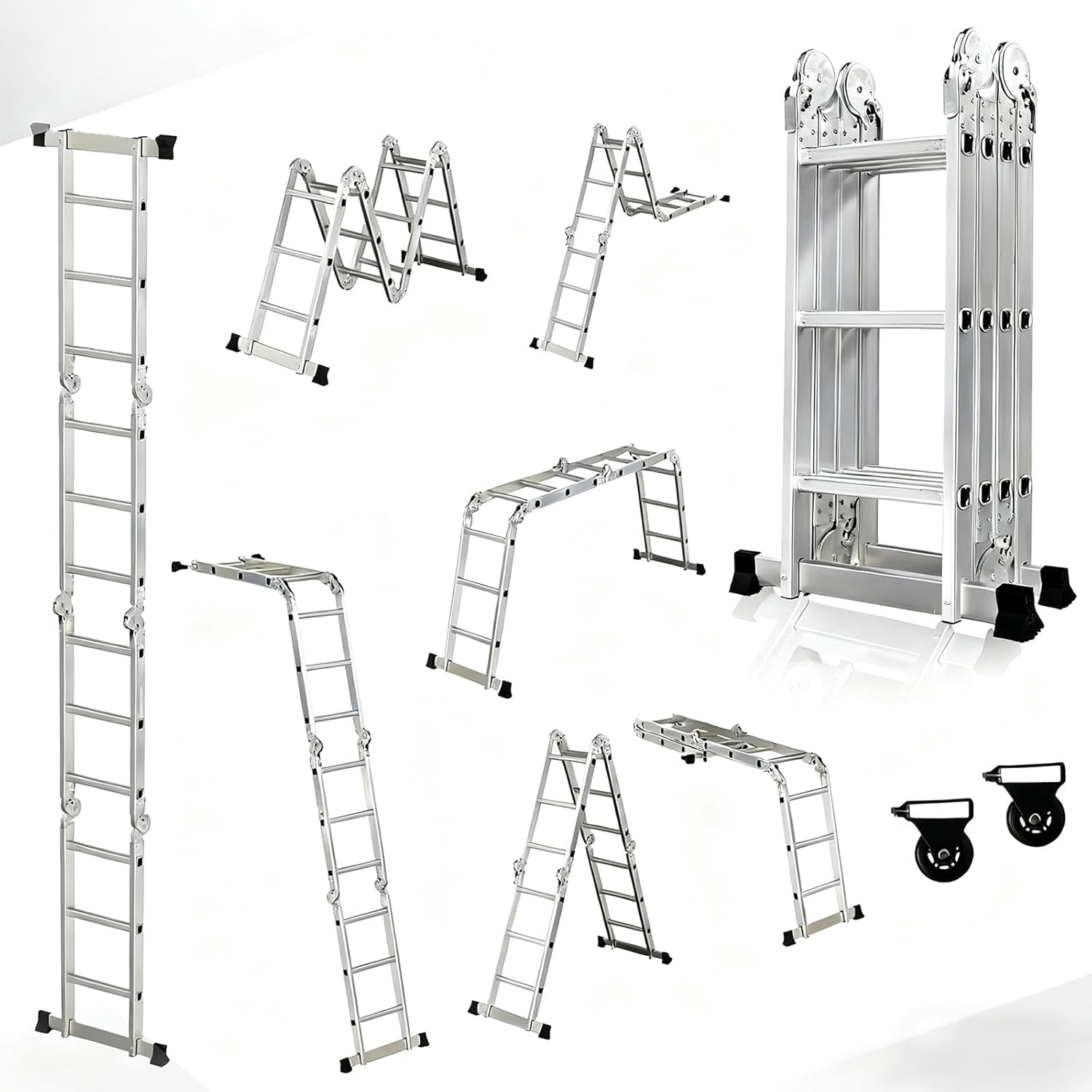 Scala multiuso 4x3, scala pieghevole in alluminio 7 in 1 con 2 ruote, scala multiuso per uso domestico a 12 gradini, portata massima