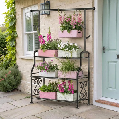 3-úrovňový vysoký kovový stojan na rastliny do interiéru a exteriéru | Odolná polica na rastliny s 5 háčikmi | Stojan na veľké kvetináče na balkón, záhradu a terasu